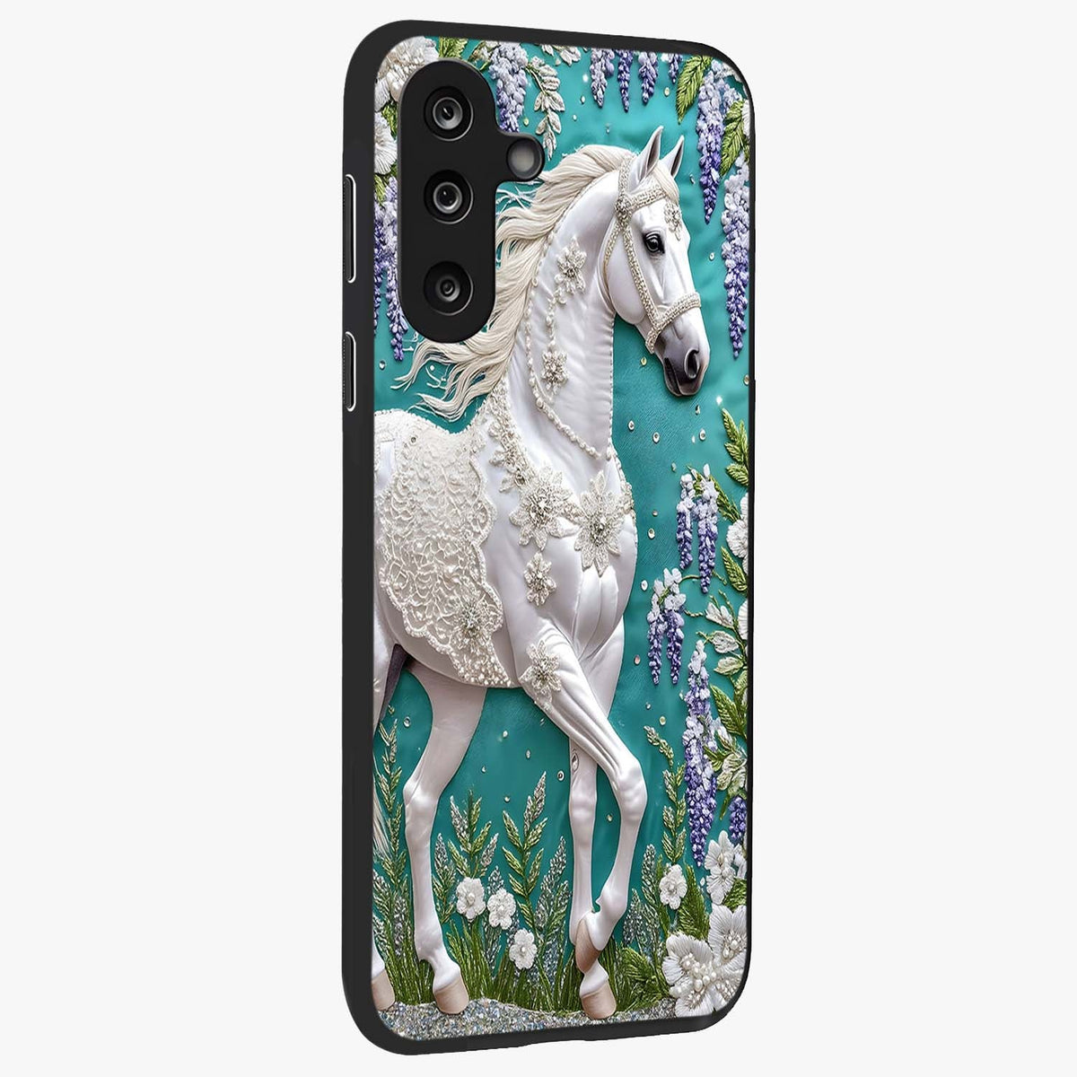 Majestic Floral Stallion Glass Case upright view showcasing dramatic horse artwork with decorative floral theme.