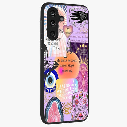 Manifestation Collage Glass Case upright view showcasing artistic manifestation themed artwork with creative style.