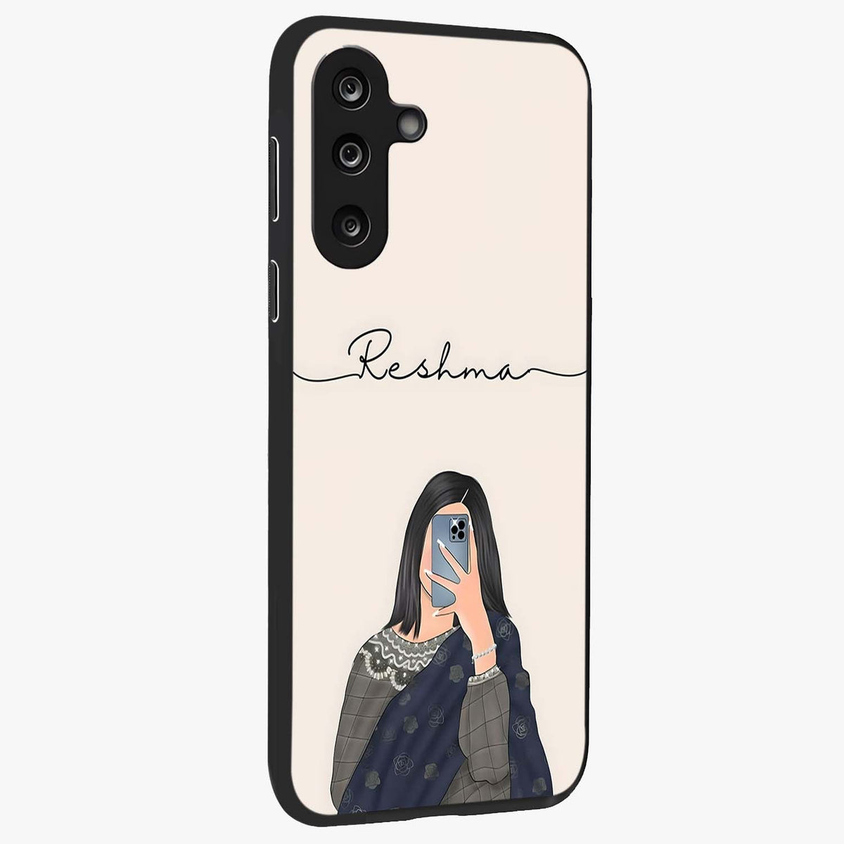 Mirror Mood Muse With Custom Name Glass Case upright view showcasing artistic mirror themed artwork with personalized aesthetic.