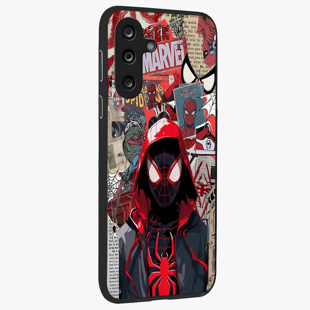 Spider Collage Street Glass Case upright view showcasing bold superhero artwork with urban street theme.