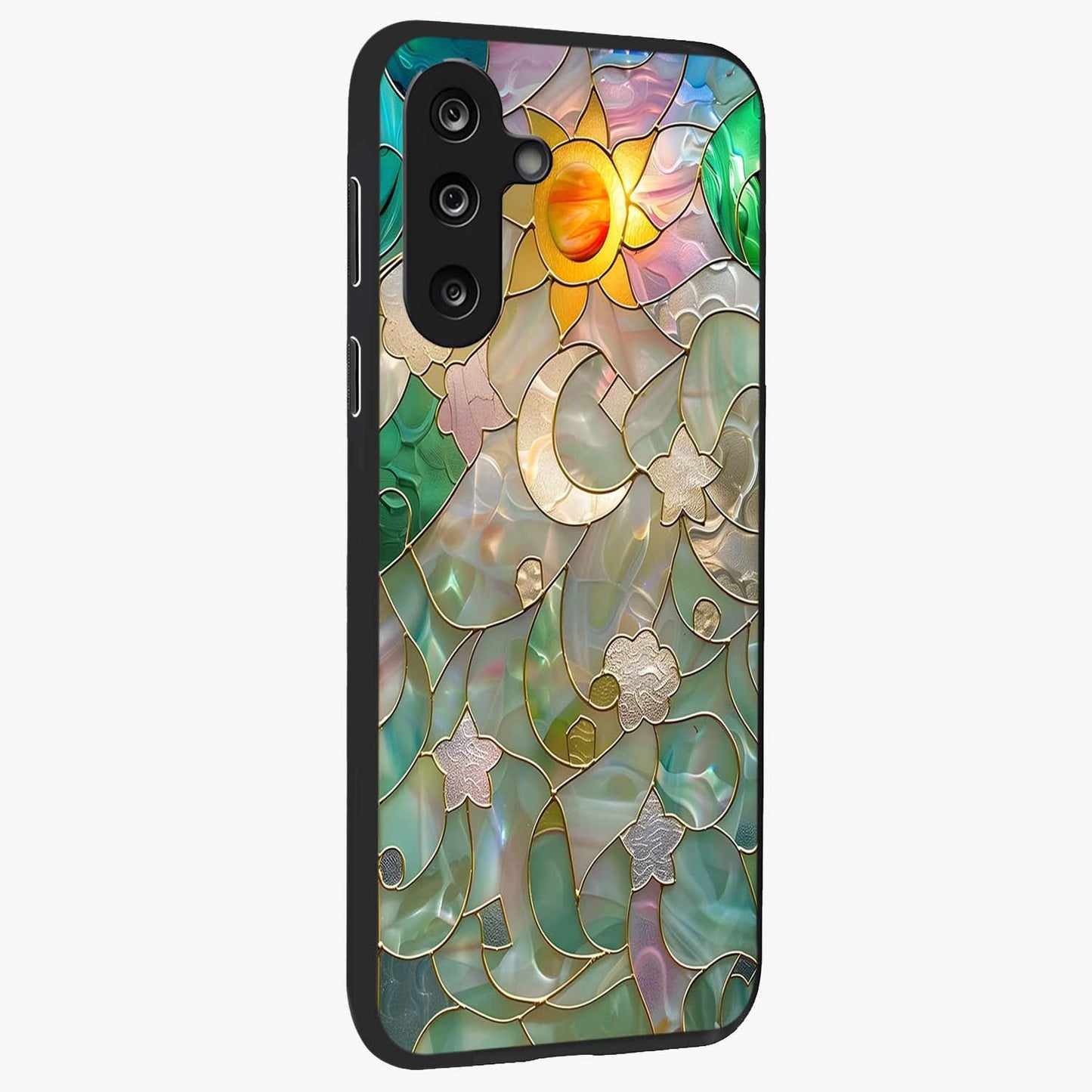 Stained Sunrise Glow Glass Case upright view showcasing colorful sunrise artwork with warm morning theme.