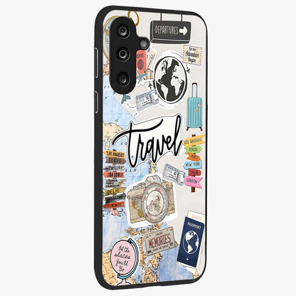 Wanderlust Journal Glass Case upright view showcasing wanderlust inspired artwork with creative exploration theme.