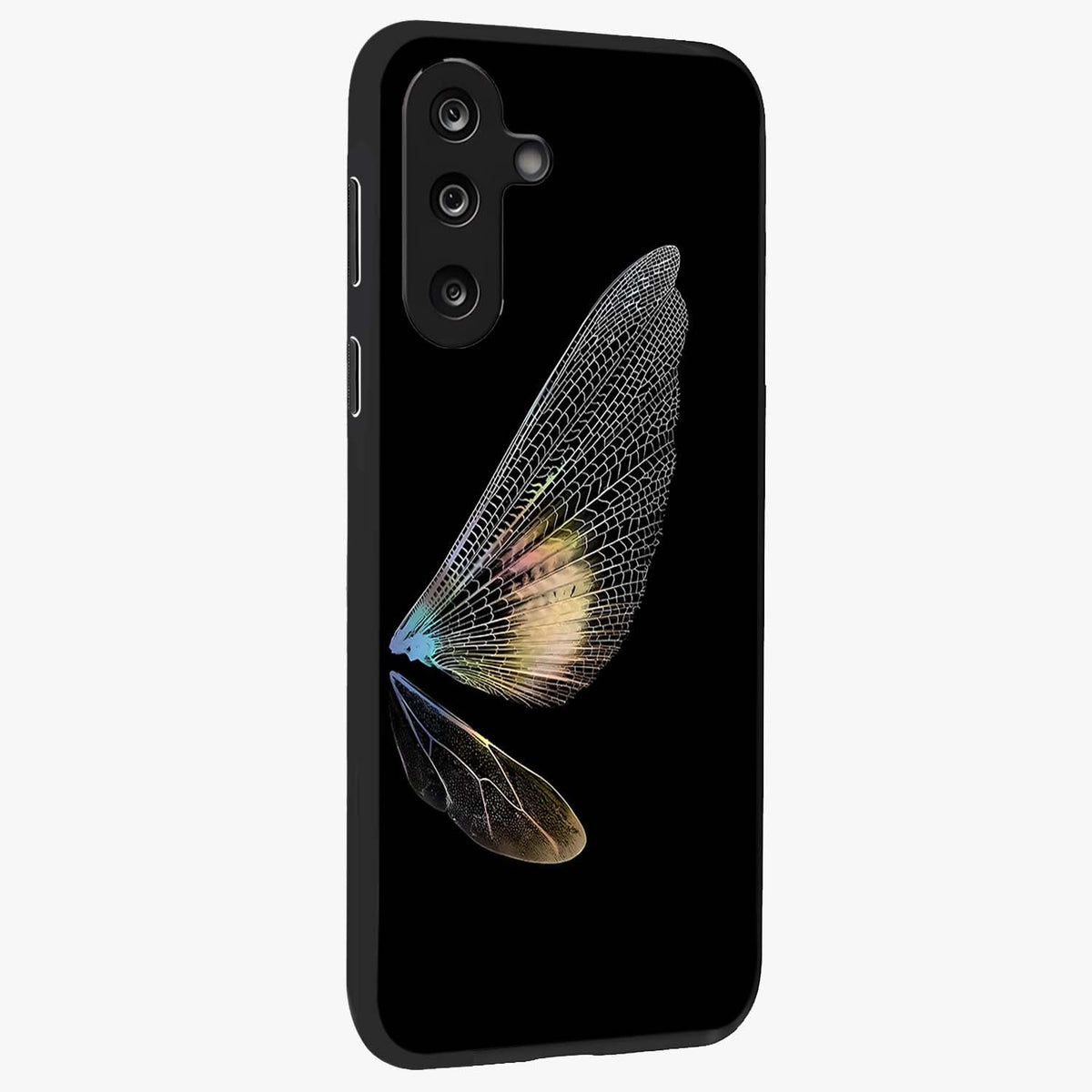 Whispers Of Wings Glass Case upright view showcasing elegant wing artwork with light airy theme.