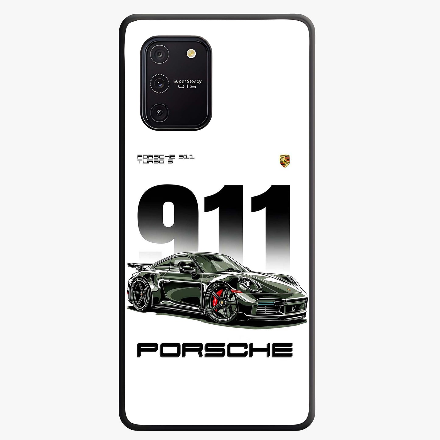 911 Turbo Dominance Glass Case showing clean flat back view with bold 911 sports car artwork and glossy glass finish.