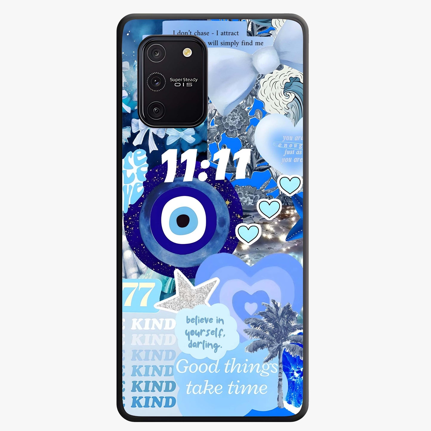 Aesthetic Be Kind Eye Glass Case showing flat back view with motivational eye artwork and glossy glass finish.
