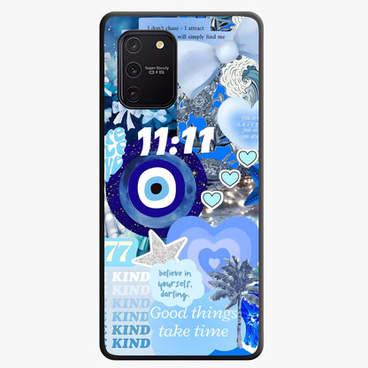 Aesthetic Be Kind Eye Glass Case showing flat back view with motivational eye artwork and glossy glass finish.