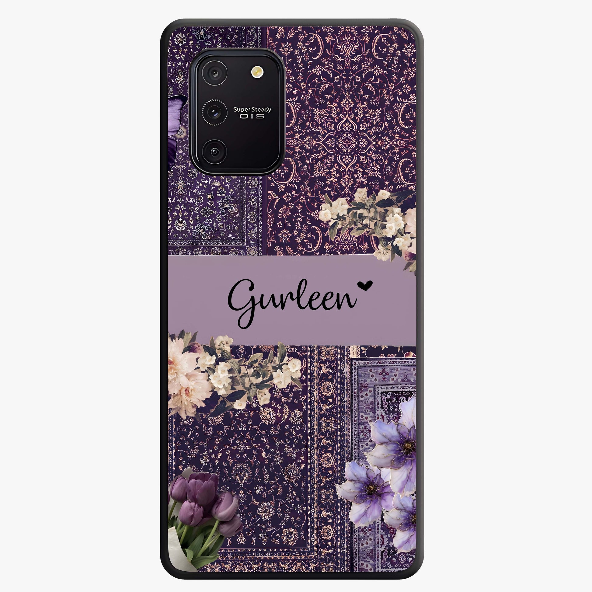 Antique Floral Whisper Custom Name Glass Case showing flat back view with vintage floral artwork and personalized name design.