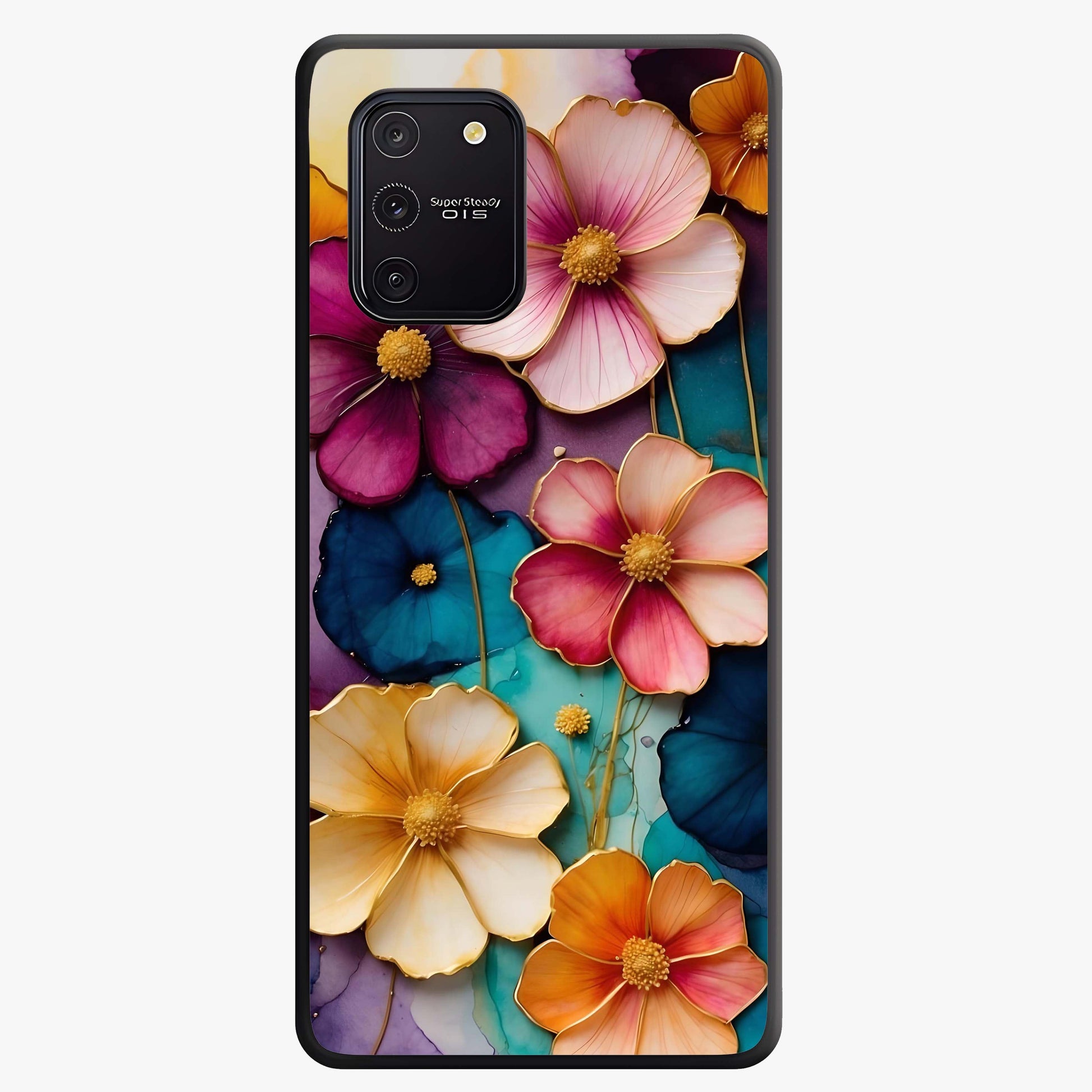 Artlyn Grace Flower Pattern Glass Case showing flat back view with elegant floral pattern artwork and glossy glass finish.