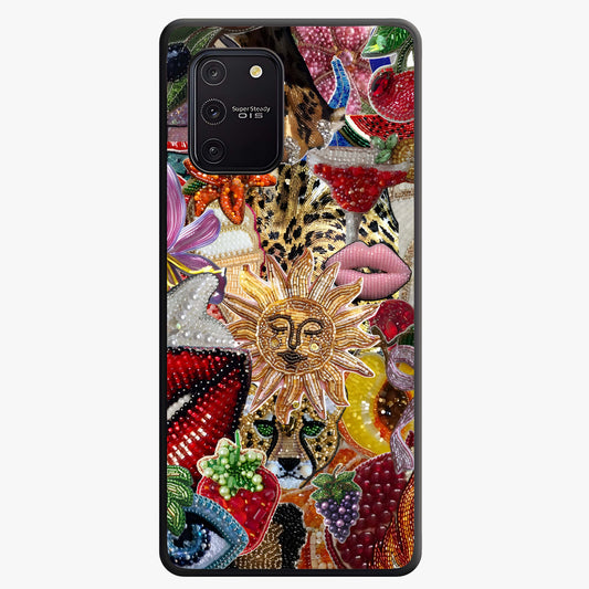 Beaded Fashion Jungle Glass Case showing flat back view with vibrant jungle inspired bead artwork and glossy glass finish.