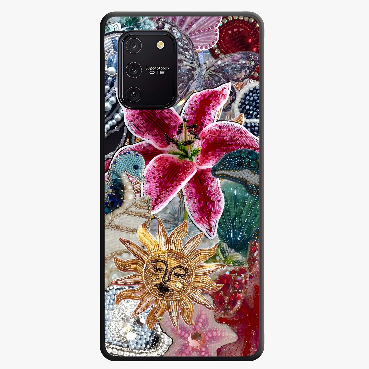 Beaded Garden Fantasy Glass Case showing flat back view with dreamy garden bead artwork and glossy glass finish.