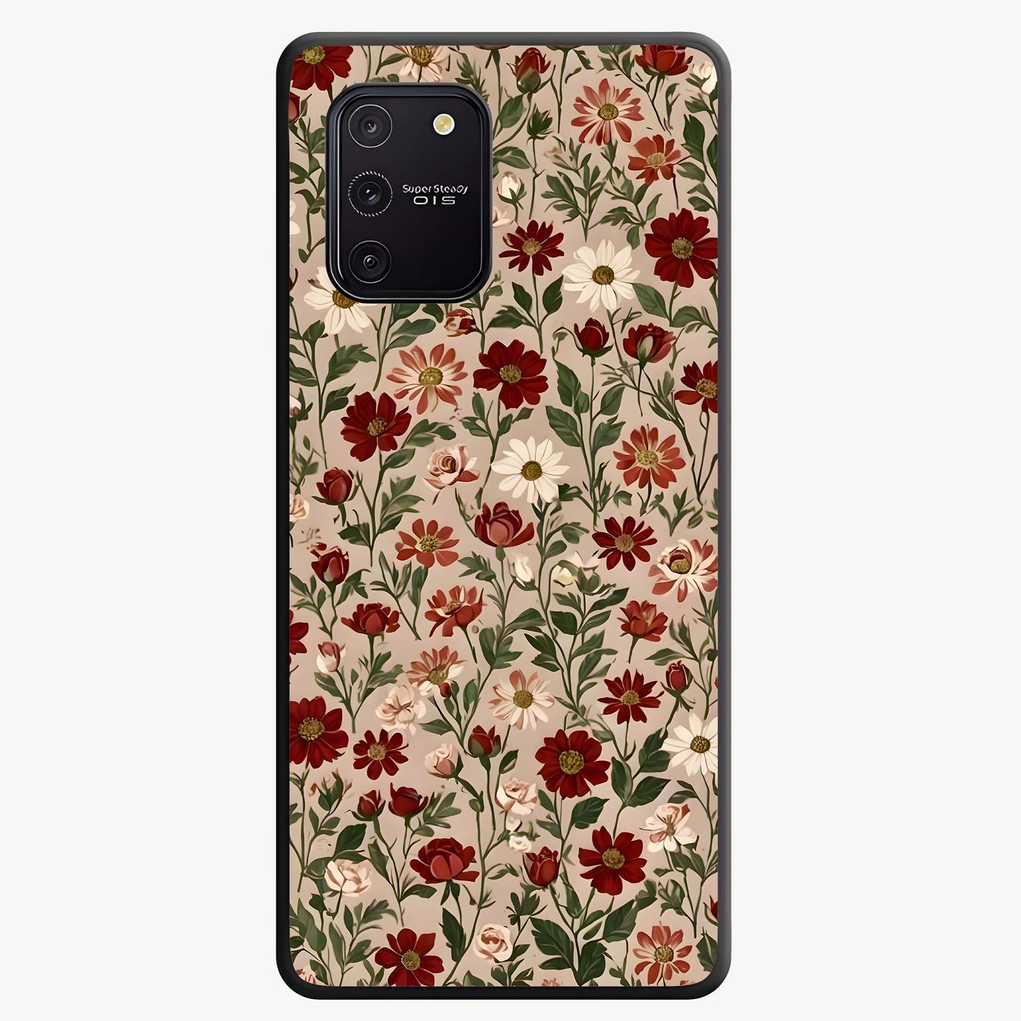 Biege Flower With Leaf Glass Case showing flat back view with soft beige floral artwork and glossy glass finish.