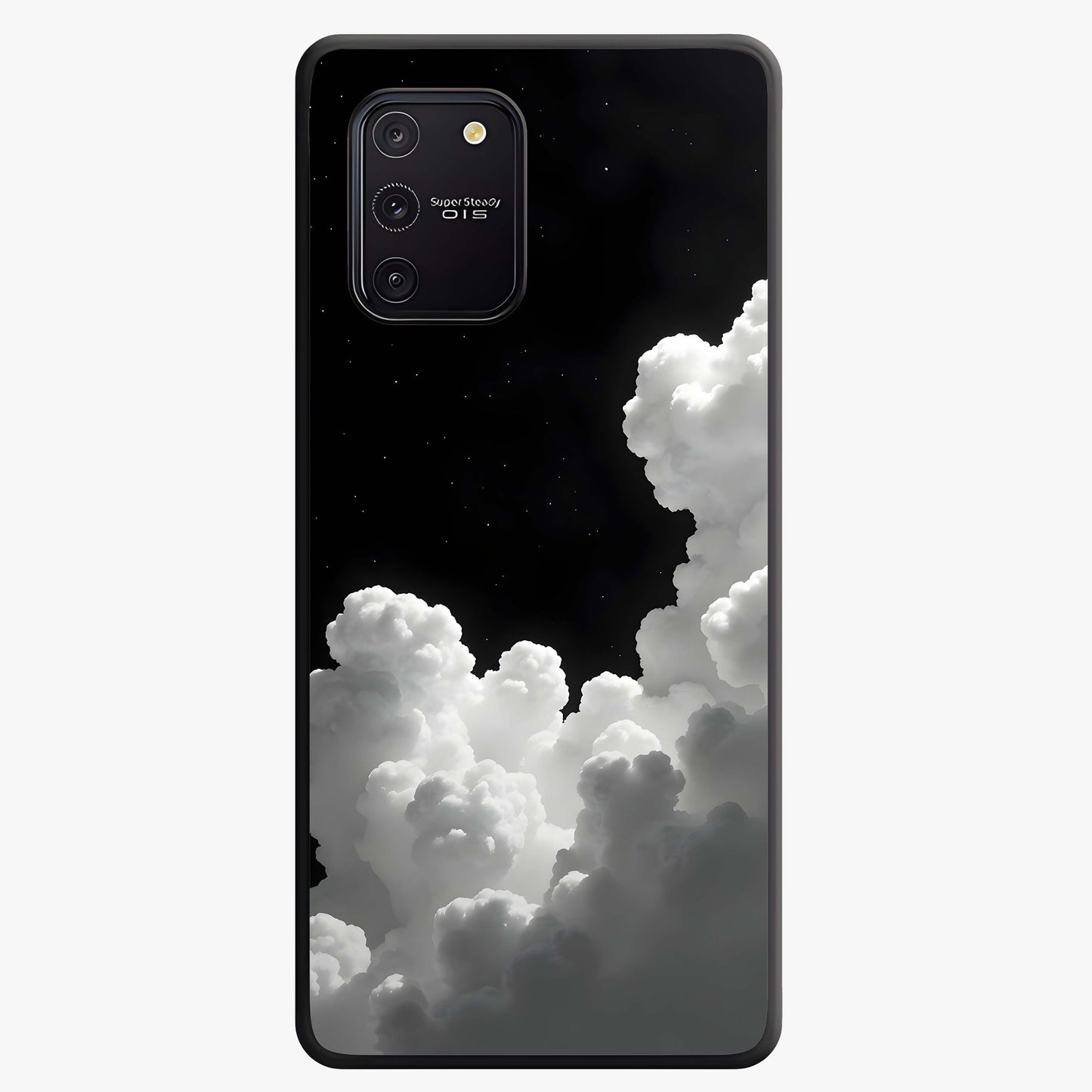 Black Background With White Cloud Glass Case showing flat back view with minimal cloud artwork on dark background and glossy glass finish.