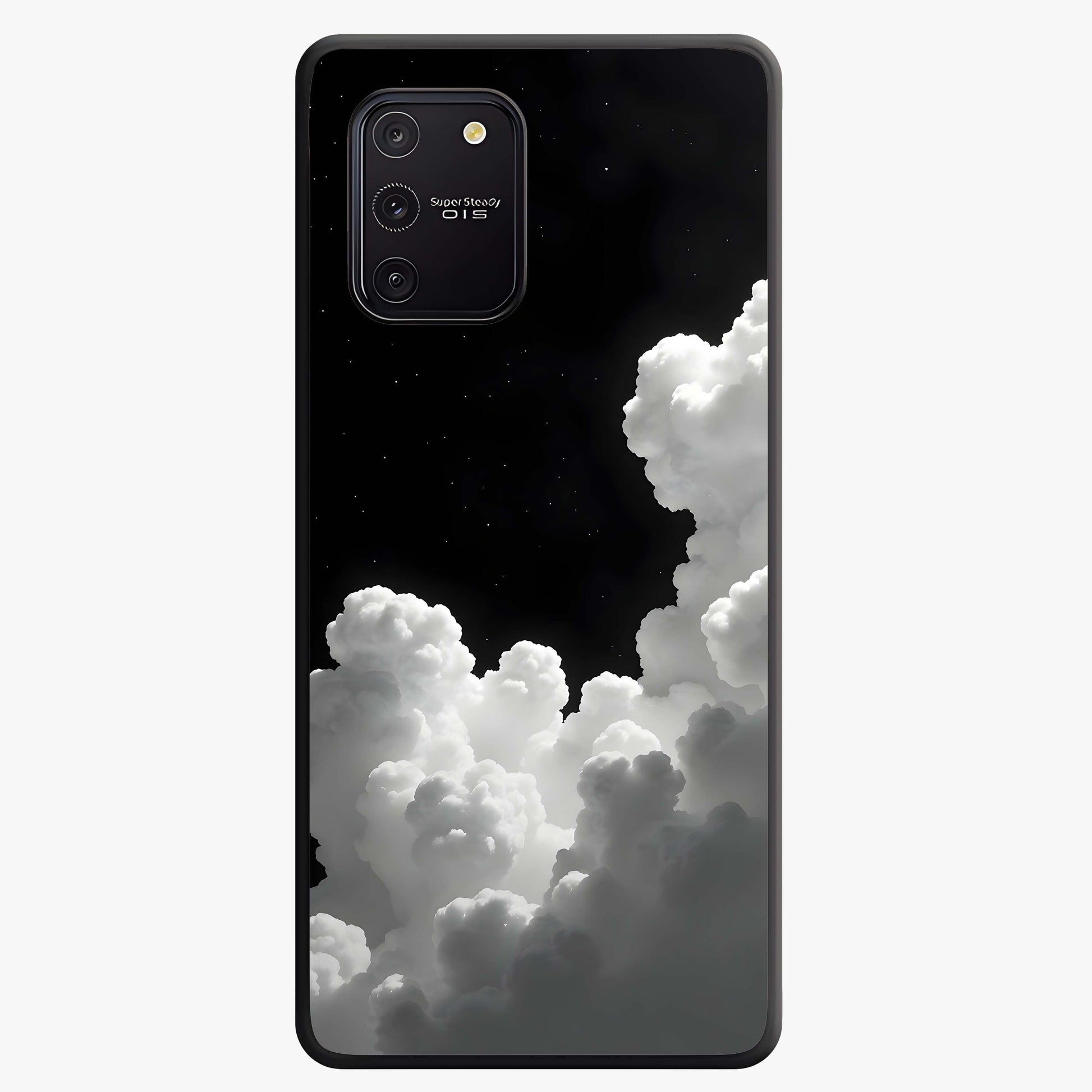 Black Background With White Cloud Glass Case showing flat back view with minimal cloud artwork on dark background and glossy glass finish.