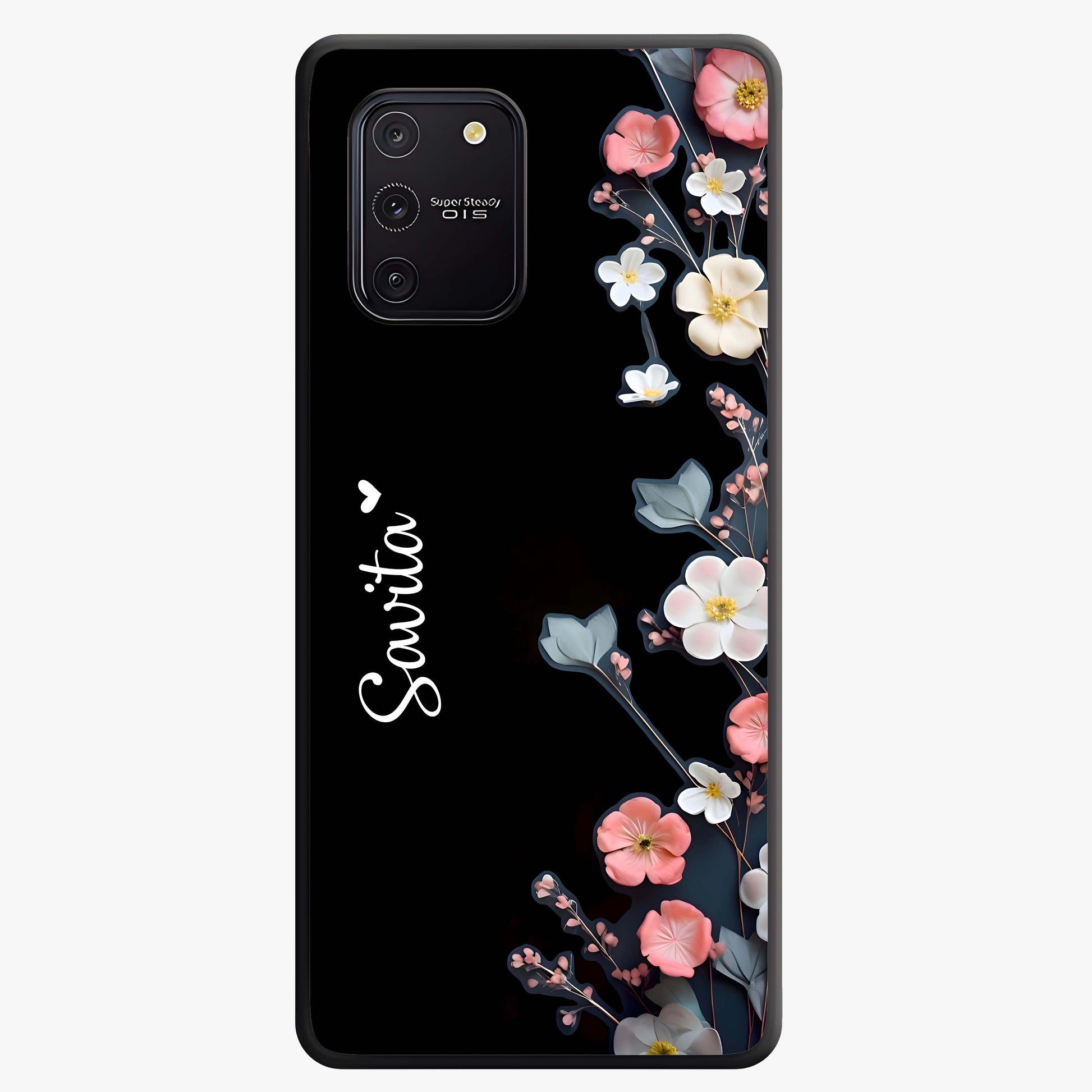 Black Elegance Floral Custom Name Glass Case showing flat back view with elegant floral artwork and personalized name design.