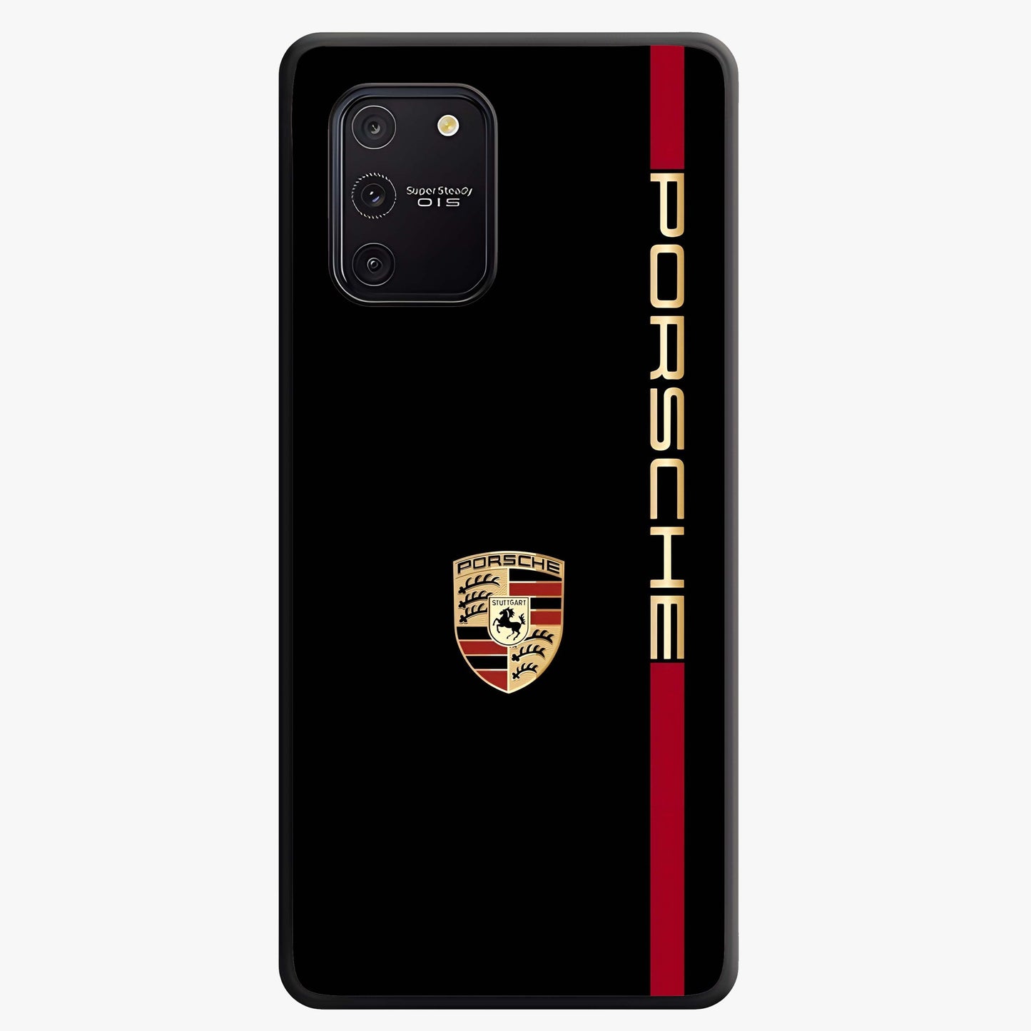 Black Minimal Porsche Glass Case showing flat back view with sleek minimal sports car artwork and glossy glass finish.