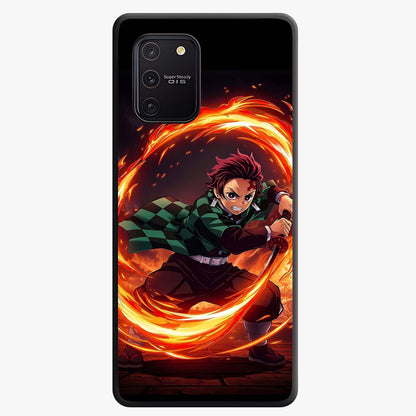 Blazing Sword Resolve Glass Case showing flat back view with fiery sword artwork and glossy glass finish.