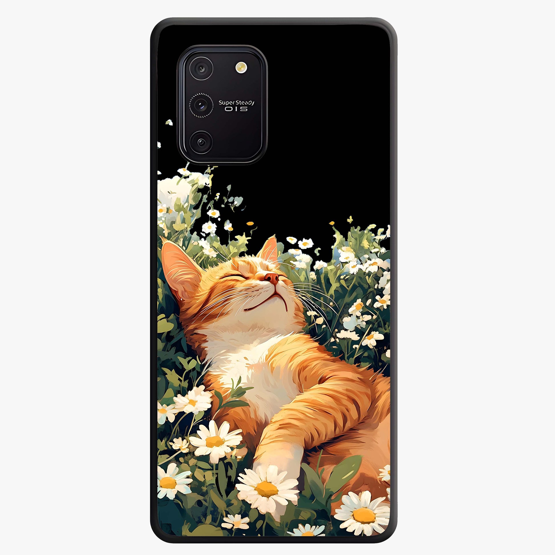 Blissful Bloom Cat Glass Case showing flat back view with cute cat and floral bloom artwork and glossy glass finish.