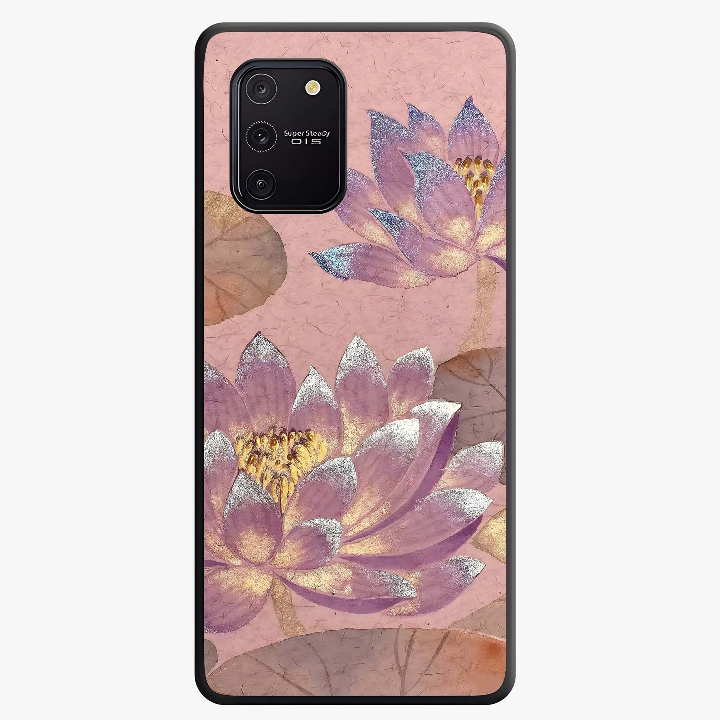 Blossom Mist Lotus Glass Case showing flat back view with serene lotus blossom artwork and glossy glass finish.