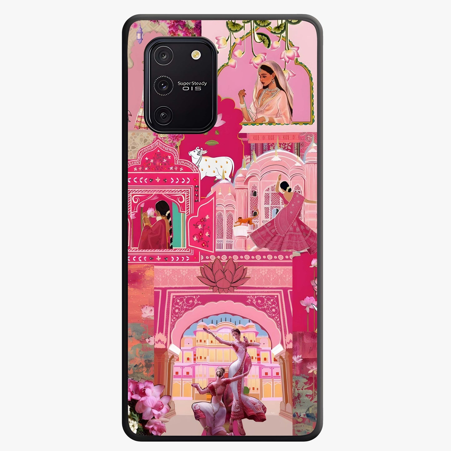 Blossoms of Rajasthan Glass Case showing flat back view with traditional floral artwork inspired by Rajasthan and glossy glass finish.
