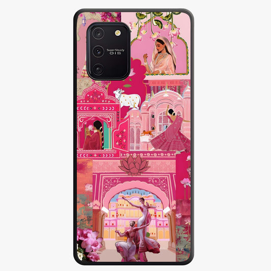 Blossoms of Rajasthan Glass Case showing flat back view with traditional floral artwork inspired by Rajasthan and glossy glass finish.