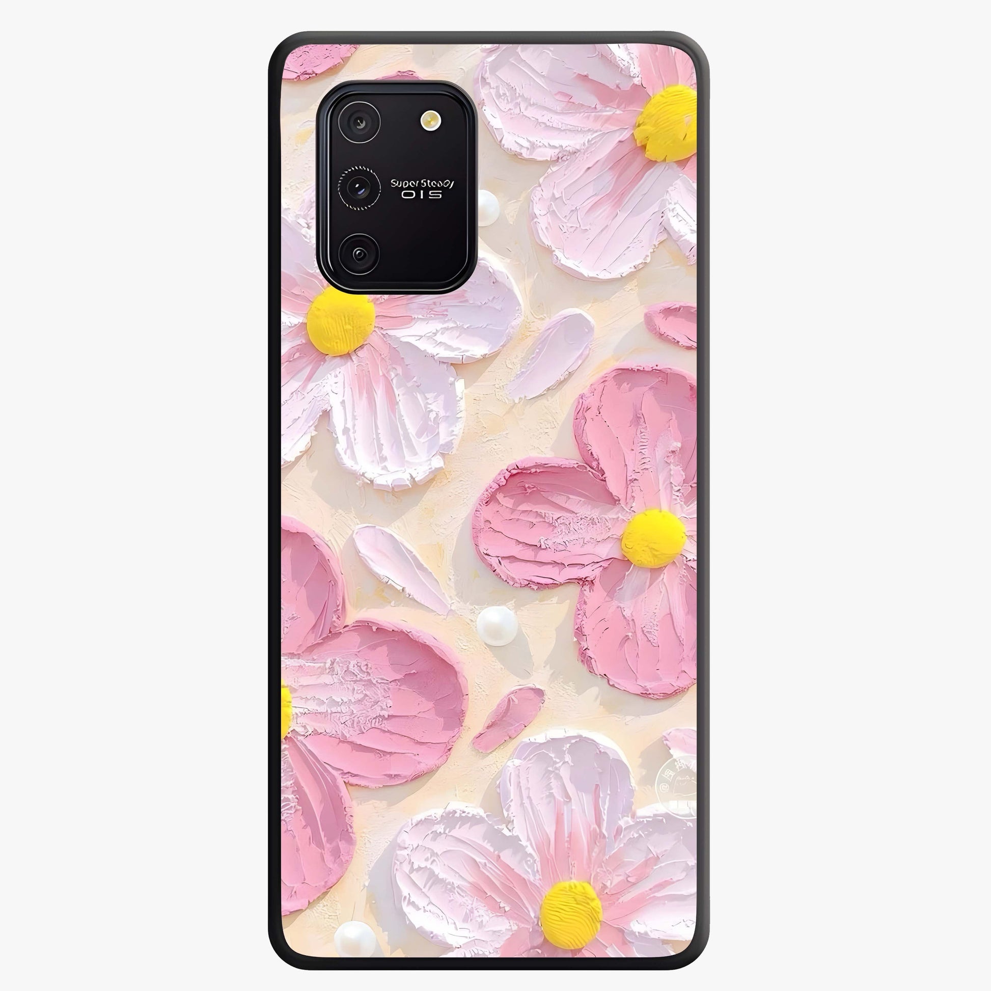 Blush Bloom Texture Glass Case showing flat back view with soft blush floral texture artwork and glossy glass finish.