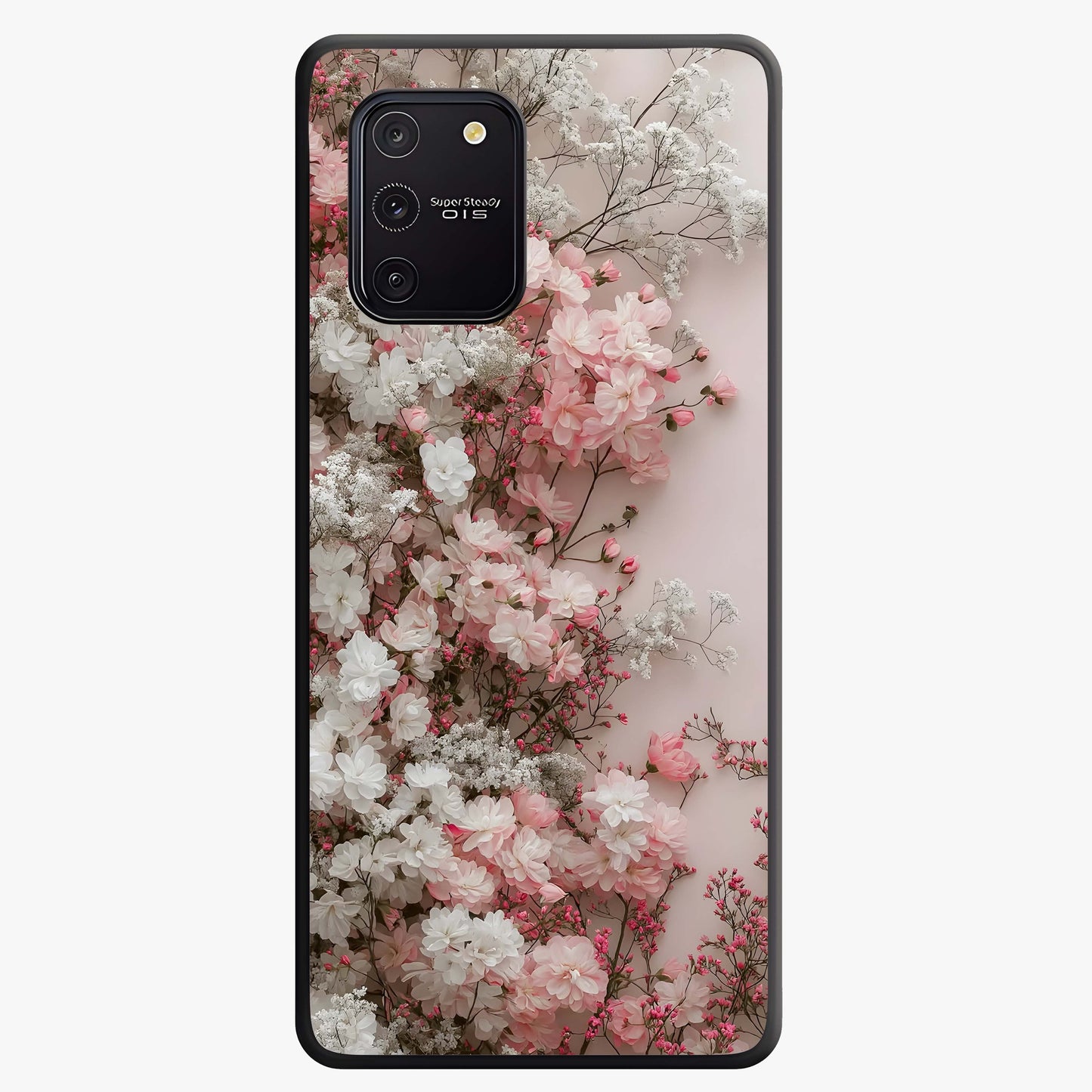 Blush Blossom Cloud Glass Case showing flat back view with dreamy blush cloud blossom artwork and glossy glass finish.