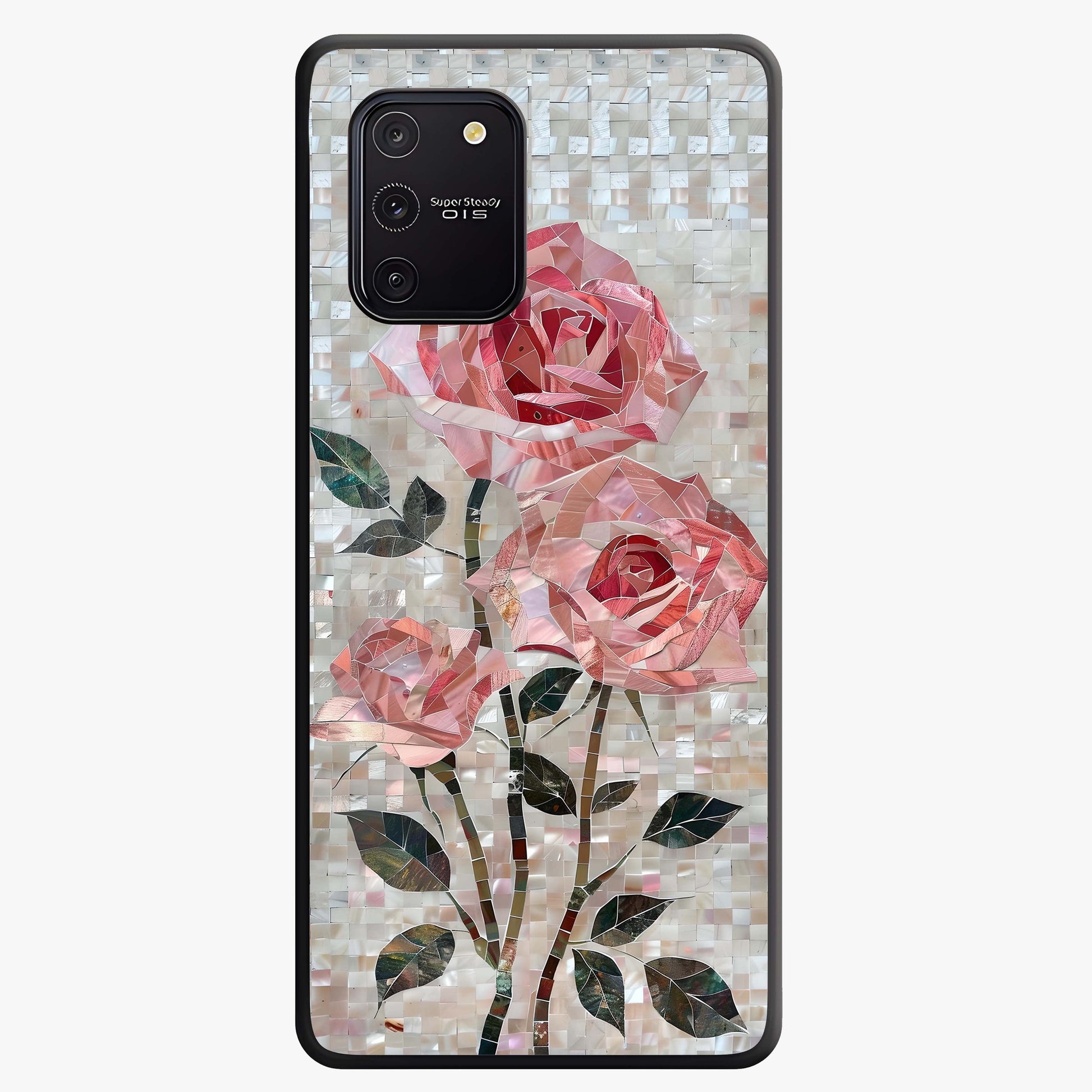 Blush Mosaic Bloom Glass Case showing flat back view with mosaic floral bloom artwork and glossy glass finish.