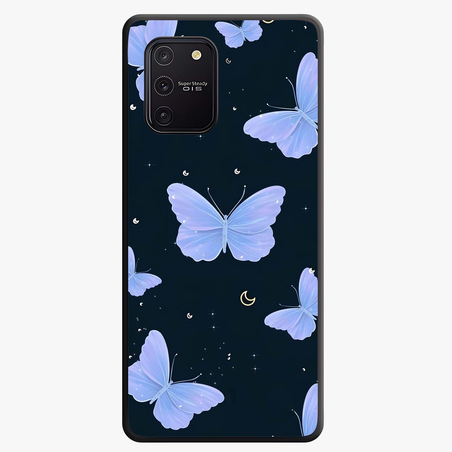 Butterfly With Stars Pattern Glass Case showing flat back view with butterfly and star pattern artwork and glossy glass finish.