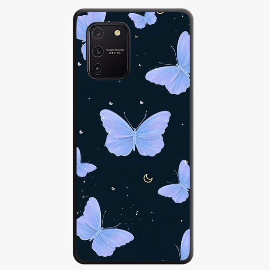 Butterfly With Stars Pattern Glass Case showing flat back view with butterfly and star pattern artwork and glossy glass finish.