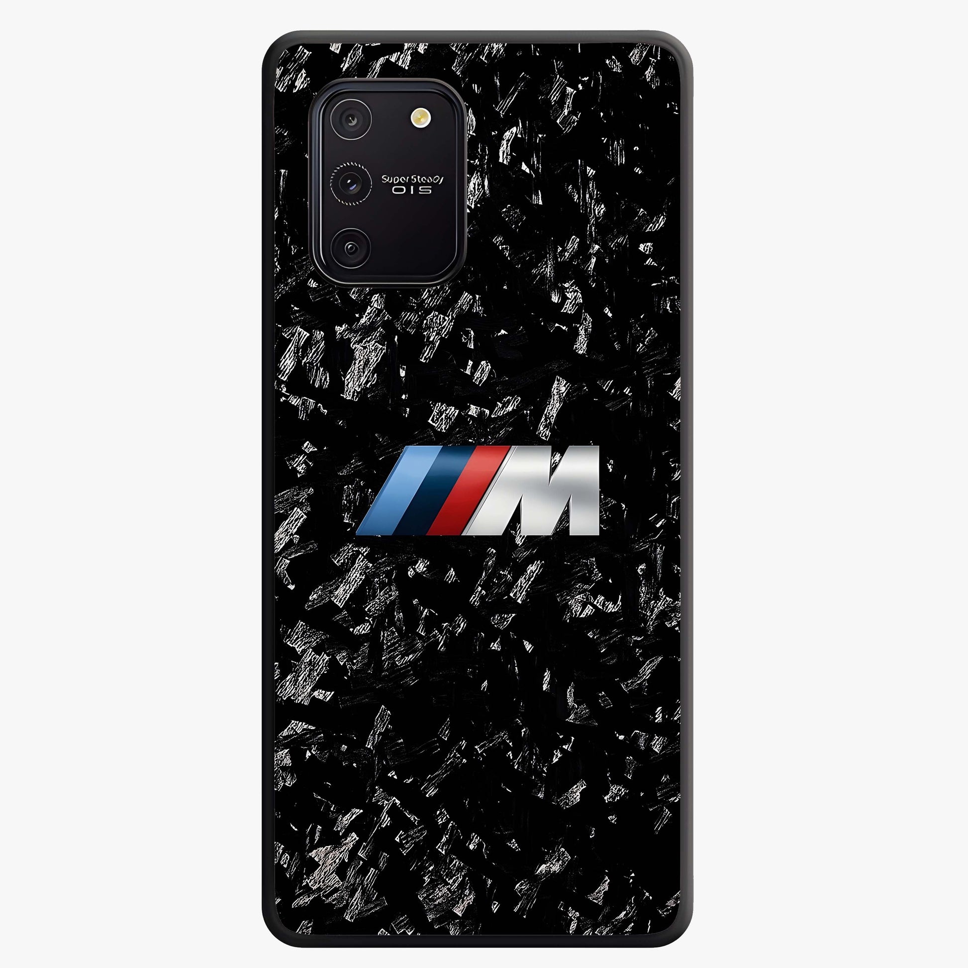 Carbon Speed Mark Glass Case showing flat back view with sporty carbon pattern artwork and glossy glass finish.