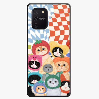 Cats in Fruits Glass Case showing flat back view with playful cat illustrations inside fruit artwork and glossy glass finish.