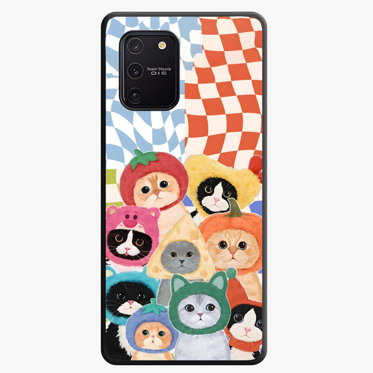 Cats in Fruits Glass Case showing flat back view with playful cat illustrations inside fruit artwork and glossy glass finish.