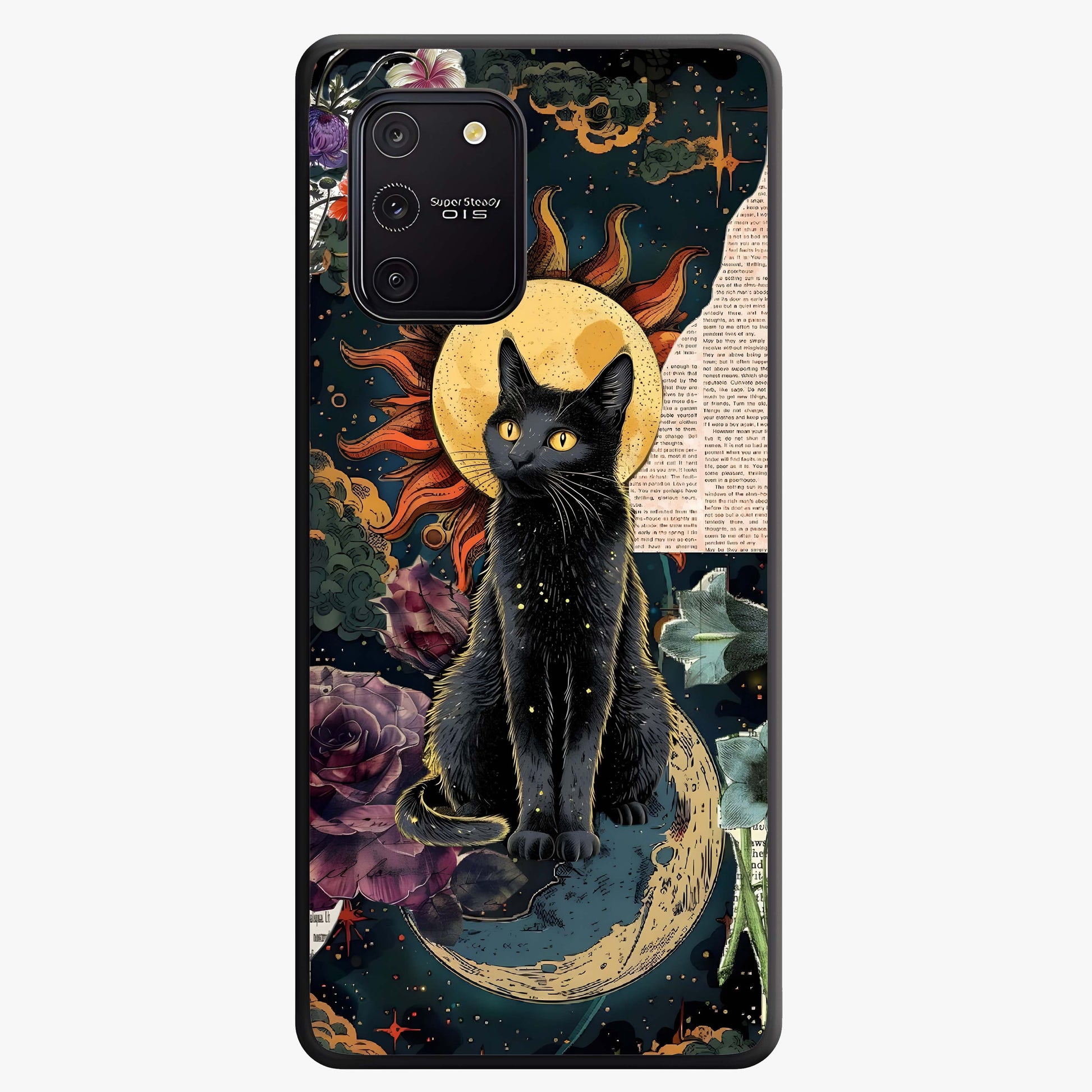 Celestial Black Cat Glass Case showing flat back view with mystical black cat artwork and glossy glass finish.