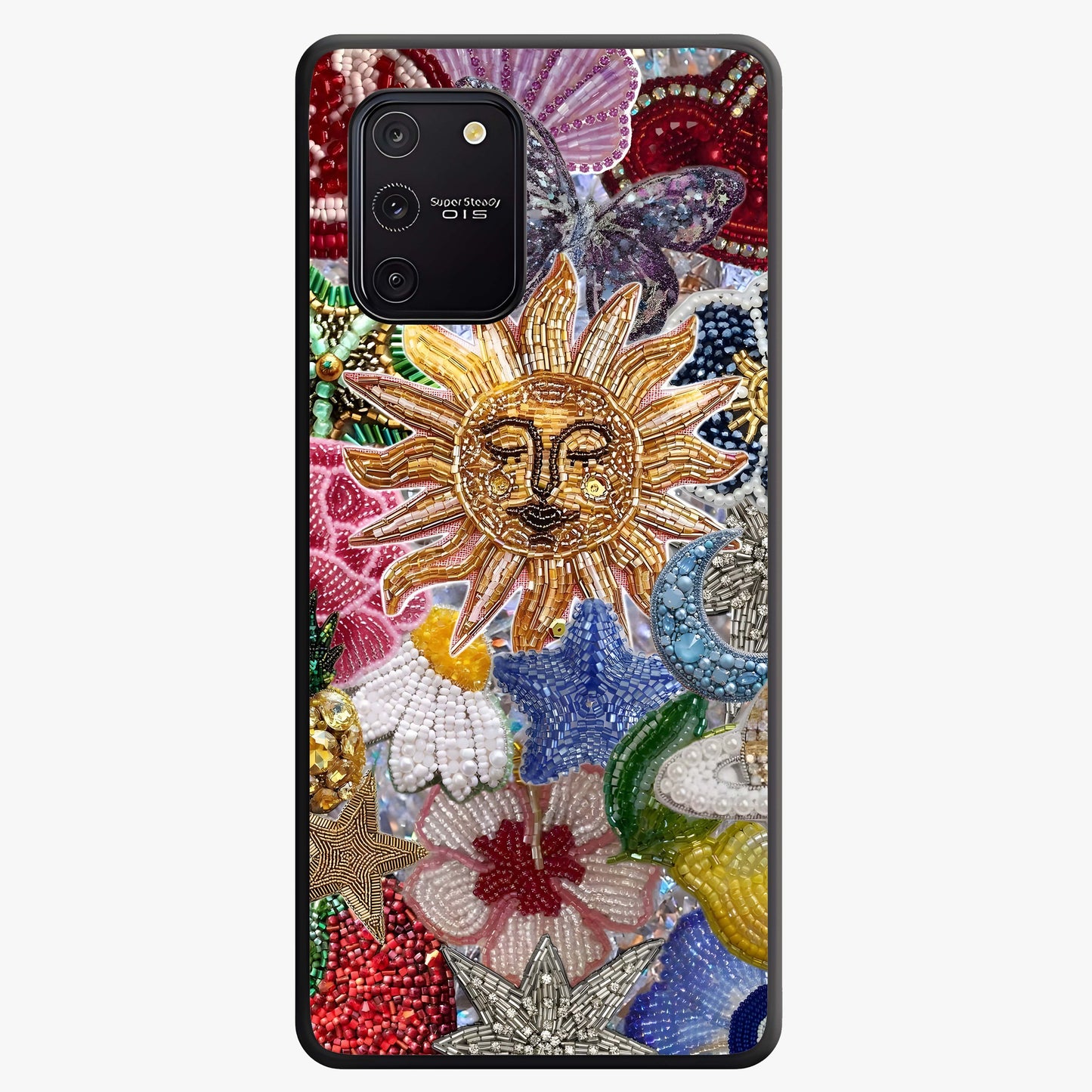 Celestial Floral and Playful Glass Case showing flat back view with floral and celestial themed artwork and glossy glass finish.