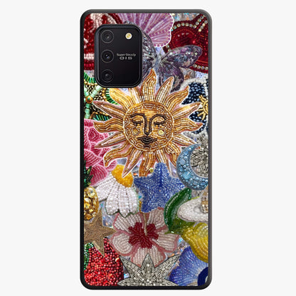 Celestial Floral and Playful Glass Case showing flat back view with floral and celestial themed artwork and glossy glass finish.