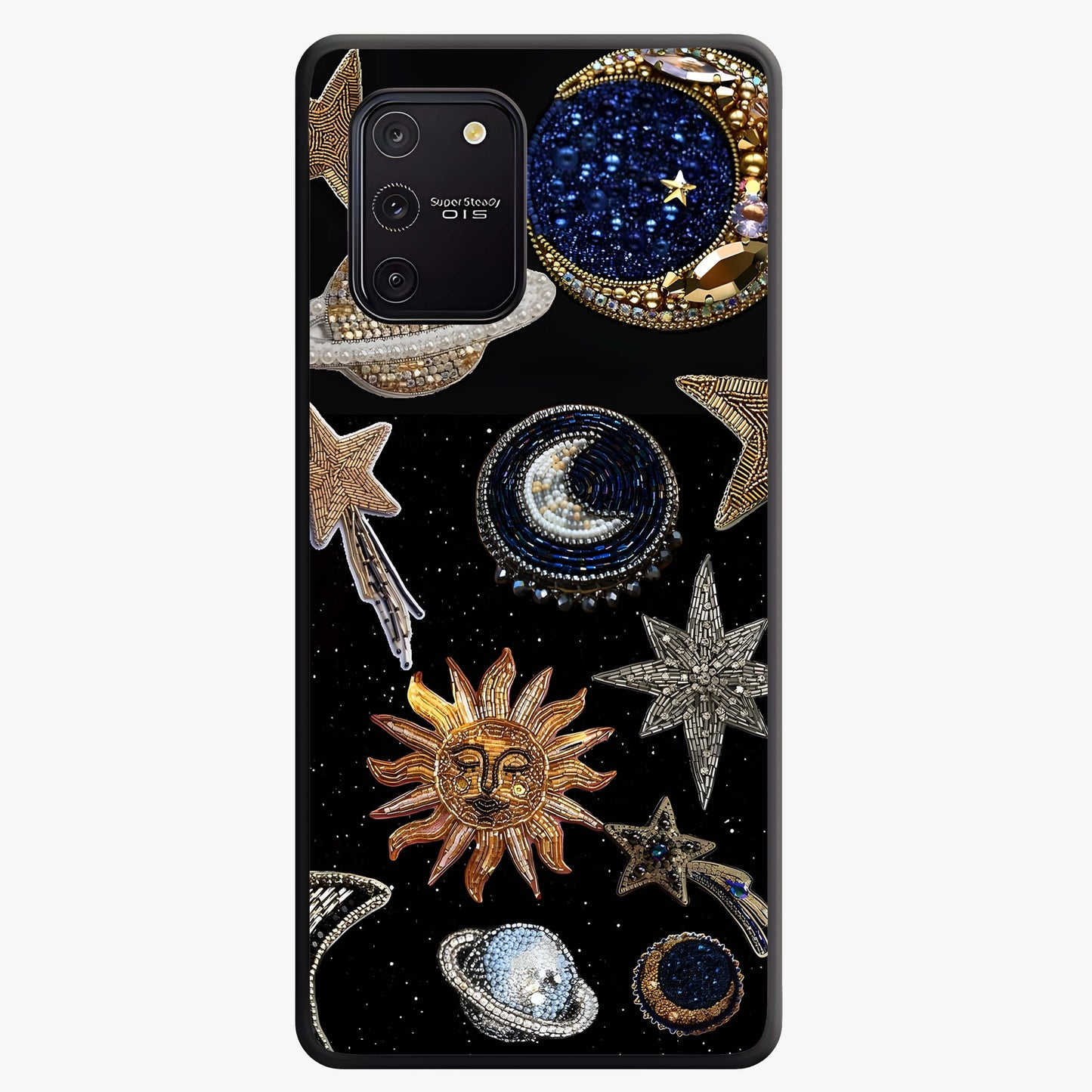 Celestial Gem Constellations Glass Case showing flat back view with sparkling constellation artwork and glossy glass finish.