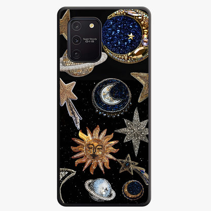 Celestial Gem Constellations Glass Case showing flat back view with sparkling constellation artwork and glossy glass finish.