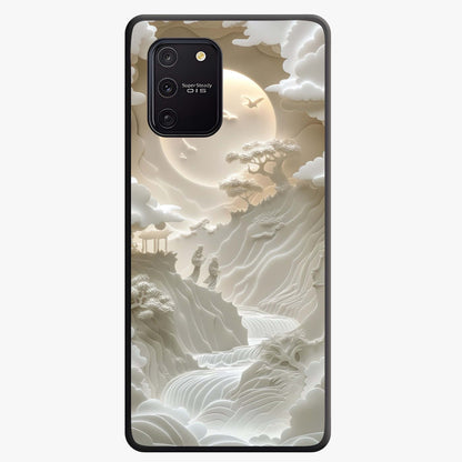 Celestial Origami Glass Case showing flat back view with artistic origami inspired celestial artwork and glossy glass finish.