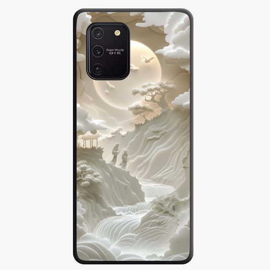 Celestial Origami Glass Case showing flat back view with artistic origami inspired celestial artwork and glossy glass finish.