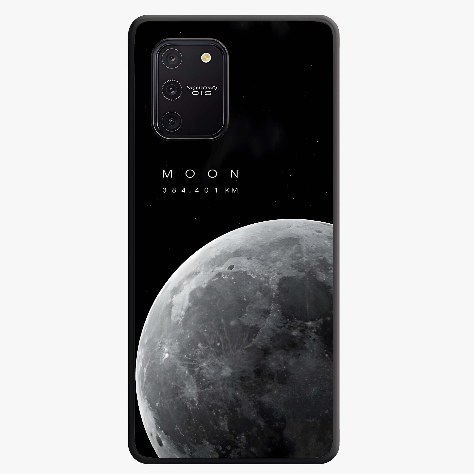 Cosmic Moon Glow Glass Case showing flat back view with glowing moon artwork and glossy glass finish.