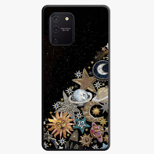 Cosmic Sparkle Dreams Glass Case showing flat back view with sparkling cosmic artwork and glossy glass finish.
