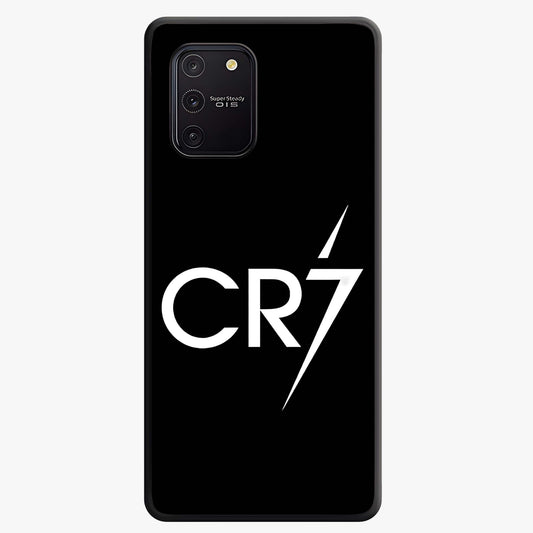 Cr7 Elite Strike Glass Case showing flat back view with dynamic football inspired artwork and glossy glass finish.
