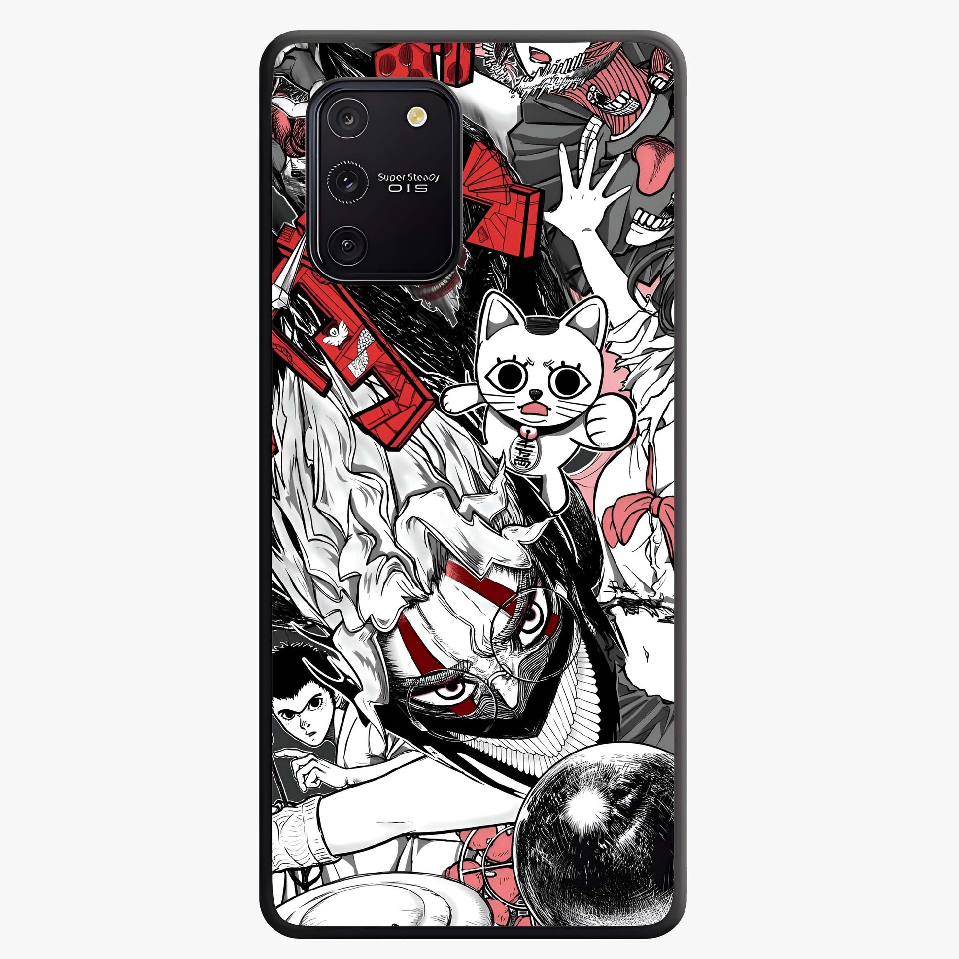 Crimson Chaos Panel Glass Case showing flat back view with bold crimson abstract artwork and glossy glass finish.