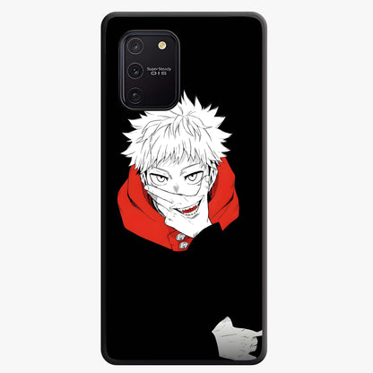 Crimson Chaos Smile Glass Case showing flat back view with bold chaotic smile artwork and glossy glass finish.