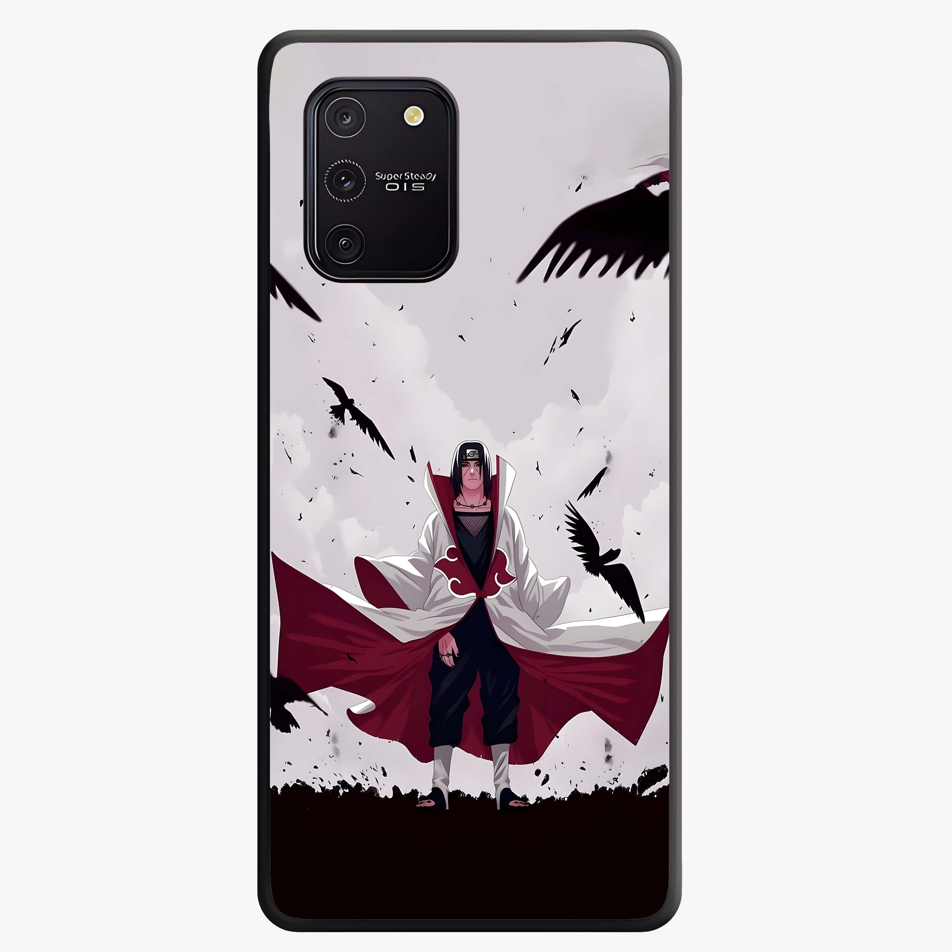 Crimson Crow Ascension Glass Case showing flat back view with mystical crow artwork and glossy glass finish.