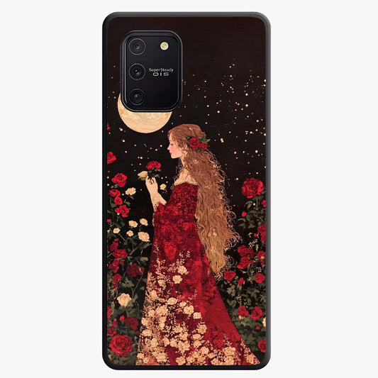 Crimson Dreams Glass Case showing flat back view with dreamy crimson artwork and glossy glass finish.