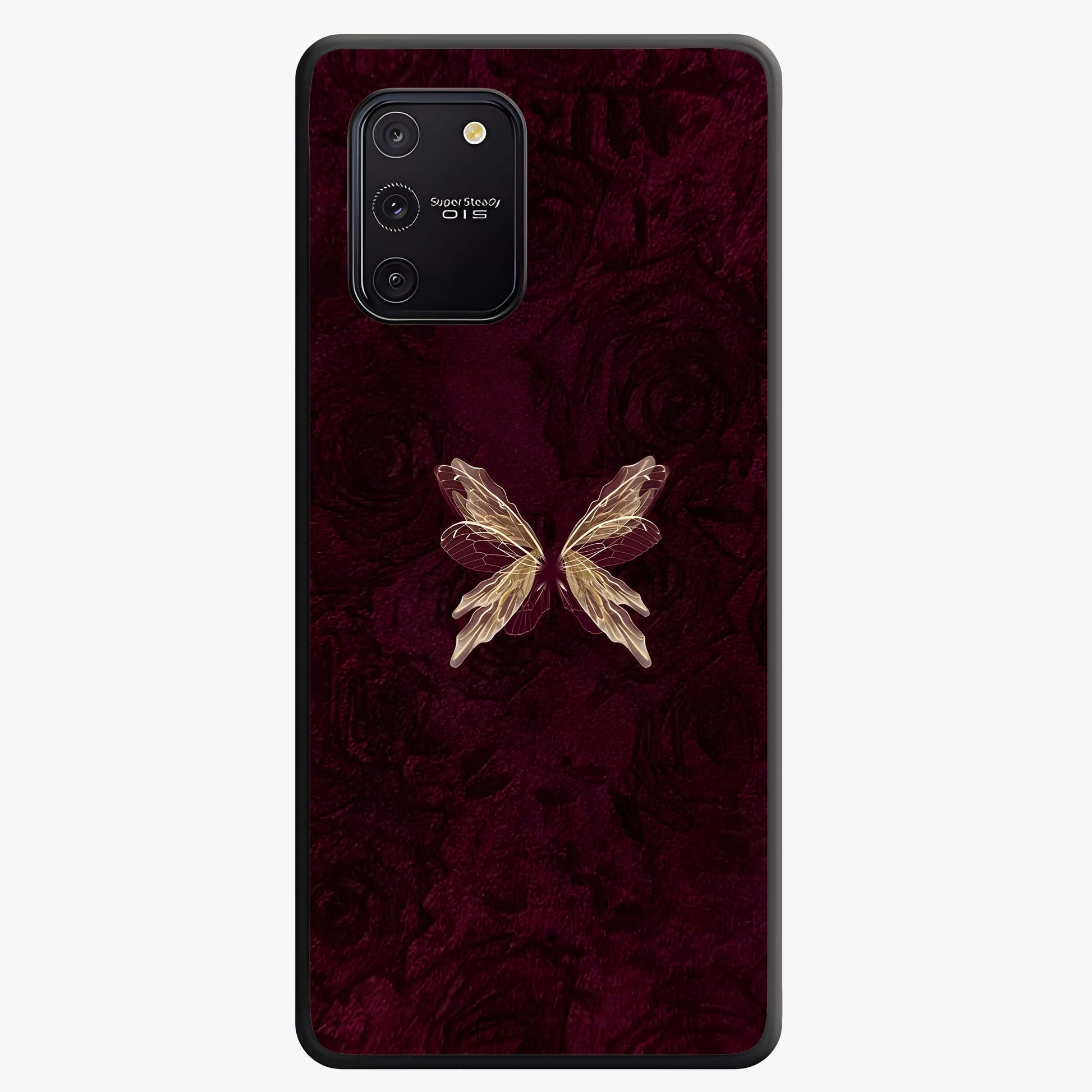 Crimson Fade Butterfly Glass Case showing flat back view with fading butterfly artwork and glossy glass finish.