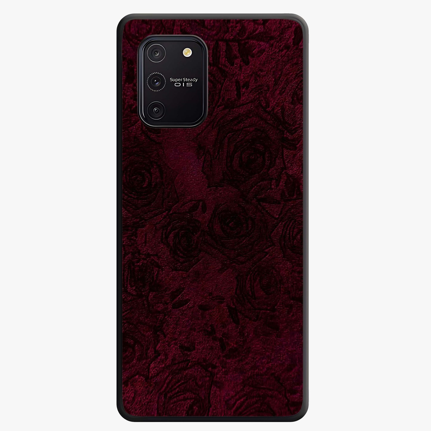 Crimson Fade Flow Glass Case showing flat back view with flowing crimson gradient artwork and glossy glass finish.