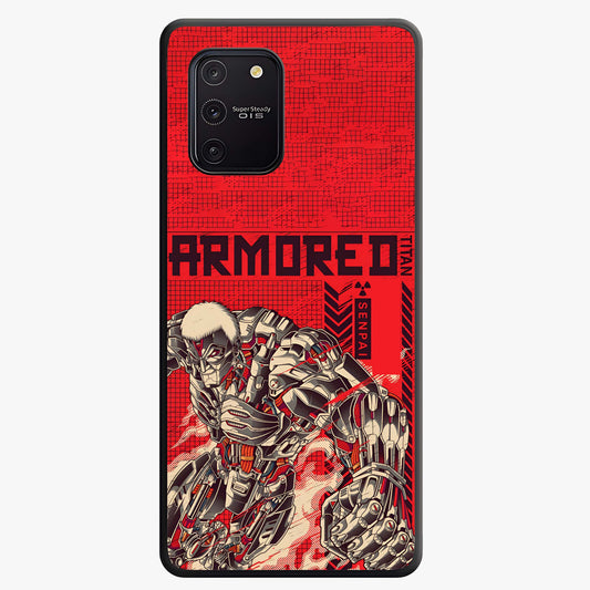 Crimson Mecha Titan Glass Case showing flat back view with powerful mech titan artwork and glossy glass finish.