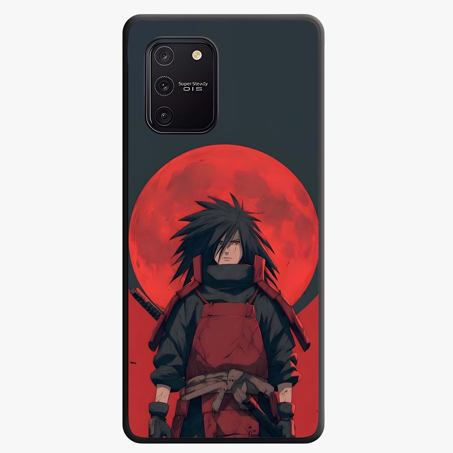 Crimson Moon Warlord Glass Case showing flat back view with mystical moon warrior artwork and glossy glass finish.